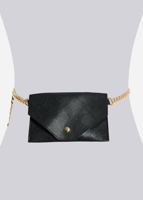 Embossed Python Chain Belt Bag, Black image number 1