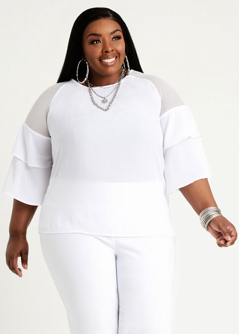 Mesh Tiered Sleeve Keyhole Top, White image number 0
