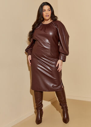 Cold Shoulder Faux Leather Dress, Potting Soil image number 0