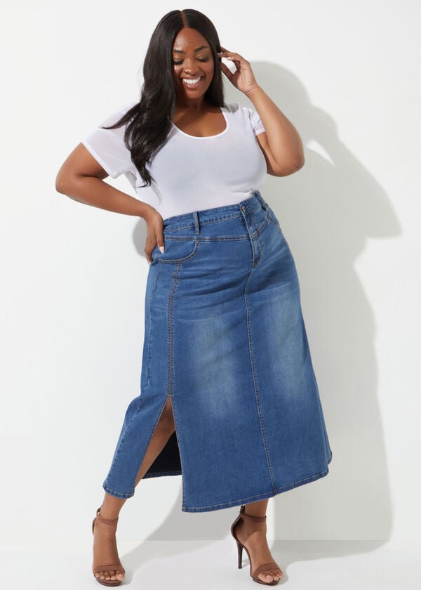 Side Split Denim Maxi Skirt, Medium Blue image number 0
