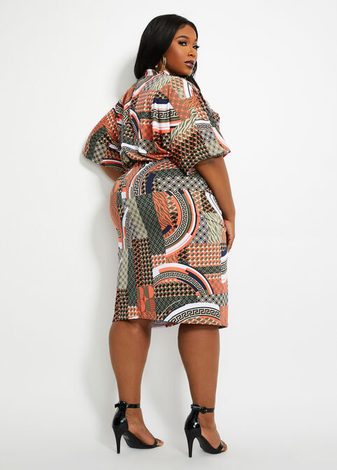 Mixed Print Batwing Sleeve Dress, Multi image number 1