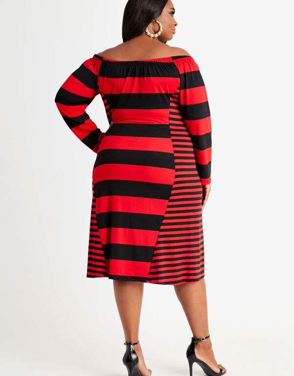 Mixed Stripe Illusion Midi Dress, Tango Red image number 1