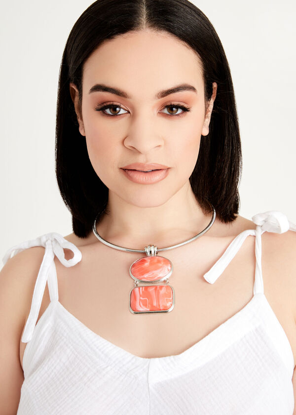 Silver Tone Stone Necklace, LIVING CORAL image number 1