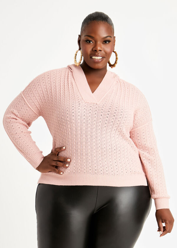 Plus Size Sexy Knitwear Pointelle  V Neck Drop Sleeve Hoodie Sweater image number 0
