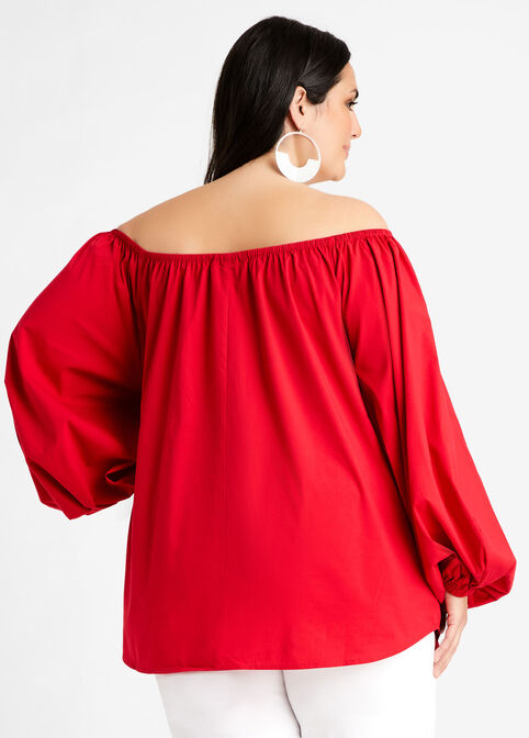 Red Cotton Balloon Sleeve Top, Tango Red image number 1