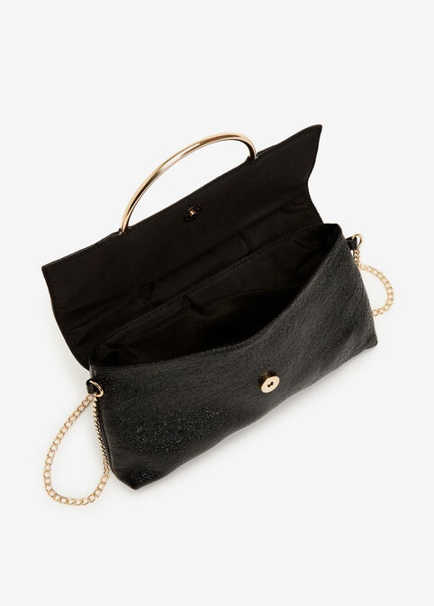Faux Leather Ring Flap Clutch, Black image number 2