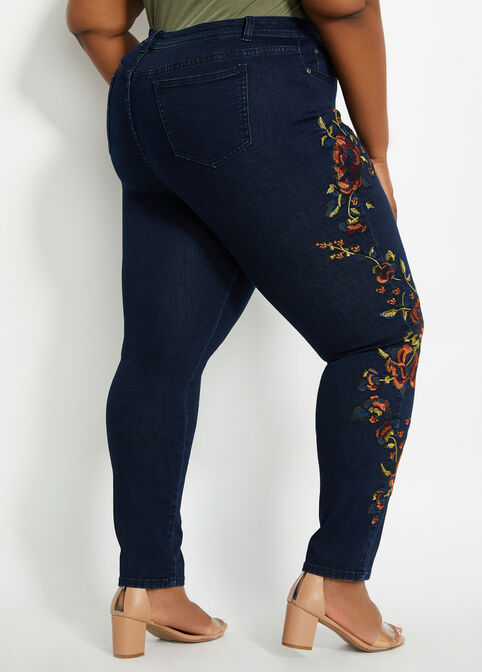 Floral Embroidery High-Waist Skinny, Blue image number 1