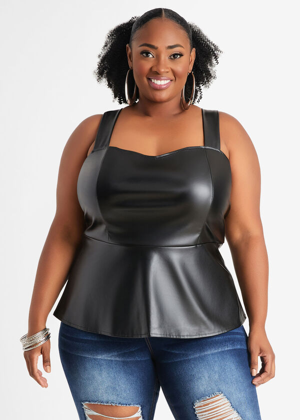 Faux Leather Peplum Top, Black image number 0