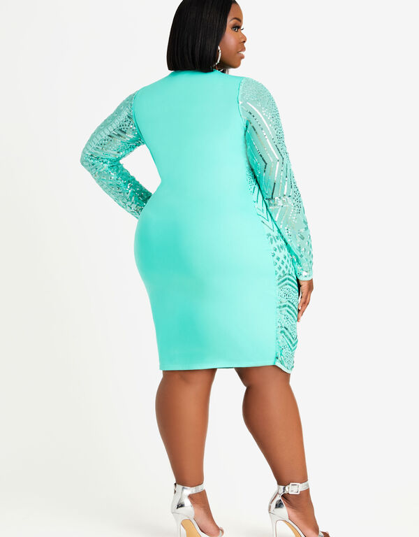 Sequined Mesh Front Scuba Bodycon, Ice Green image number 1