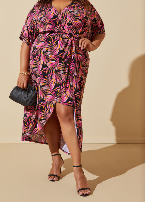 Palm Print Layered Faux Wrap Dress, Black Combo image number 3
