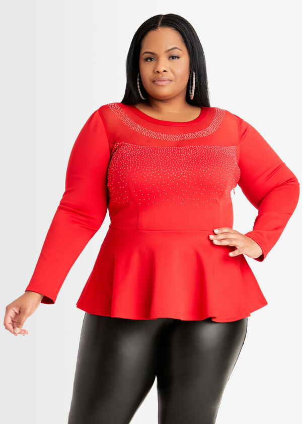 Plus Size Sexy Party Tops Rhinestone Mesh Trim Plus Size Peplum Tops image number 0