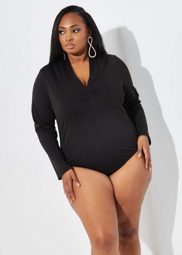 Pleated Stretch Knit Bodysuit, Black image number 2