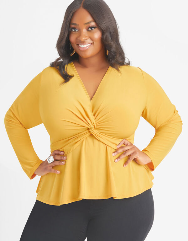 Twist Front Stretch Knit Top, Mustard image number 0