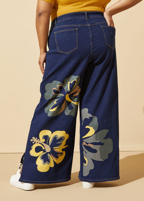 High Rise Floral Wide Leg Jeans, Dk Rinse image number 1