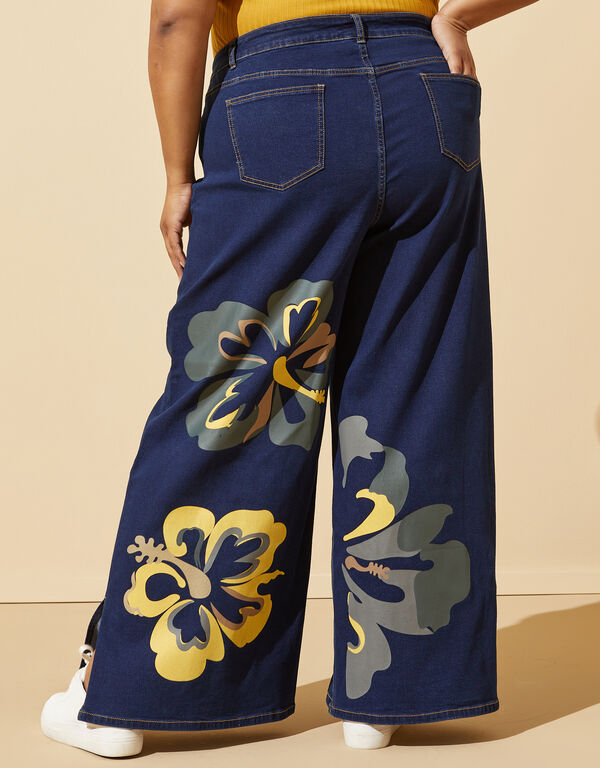 High Rise Floral Wide Leg Jeans, Dk Rinse image number 1