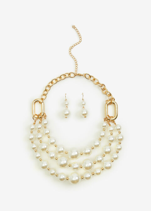 Tiered Faux Pearl Necklace Set, Gold image number 0
