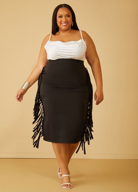 Fringed Scuba Midi Skirt, Black image number 2