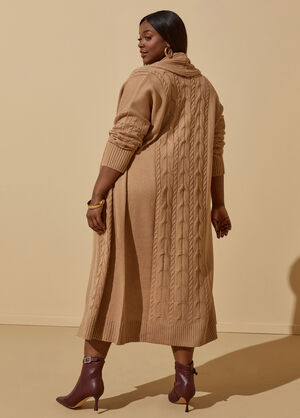 Cable Knit Shawl Collar Duster, Caramel image number 1