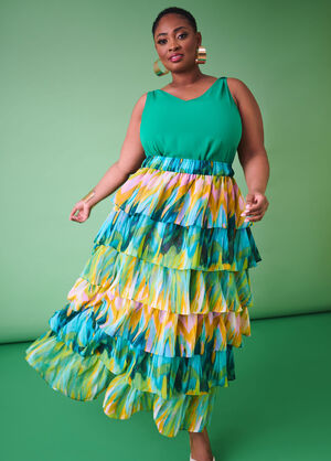 Printed Tiered Maxi Skirt, Maize image number 0