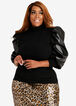 Faux Leather Puff Sleeve Knit Top, Black image number 0