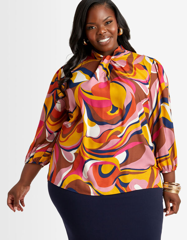 Twist Front Printed Crepe Blouse, Potters Clay image number 0