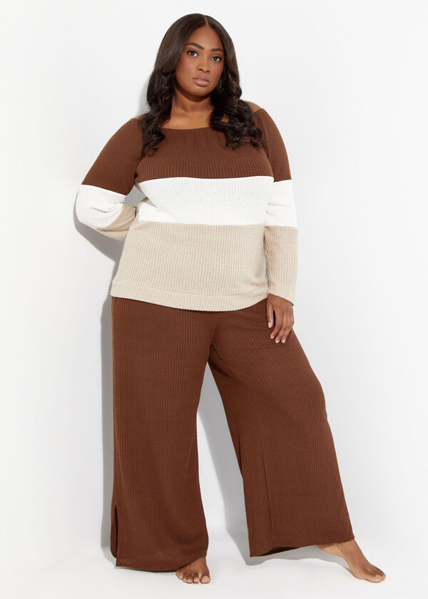 Waffle Knit Wide Leg Lounge Pants, Brown image number 2