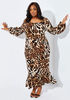 Flounced Leopard Print Maxi Dress, Black Animal image number 0