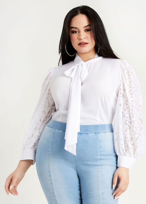 Lace Peasant Sleeve Tie Neck Top, White image number 2