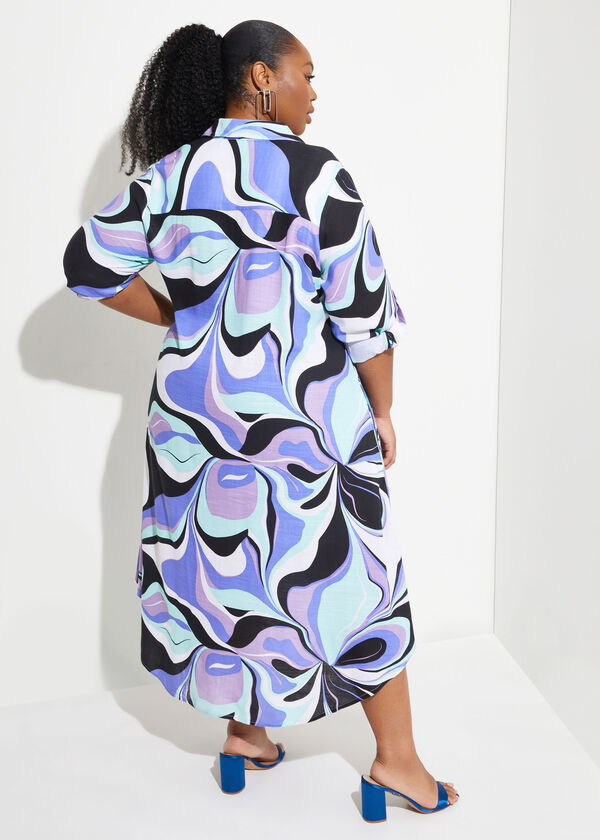 Swirl Print Woven Midi Shirtdress, Multi image number 1