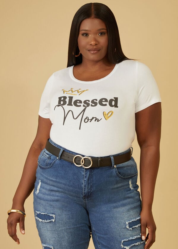 Blessed Mom Glittered Graphic Tee, White image number 0