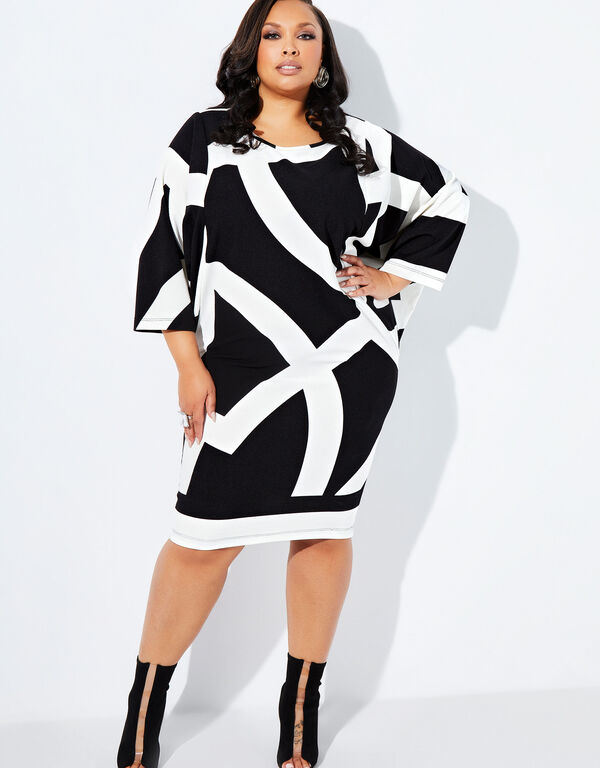 Printed Textured Knit Sheath Dress, Black White image number 0