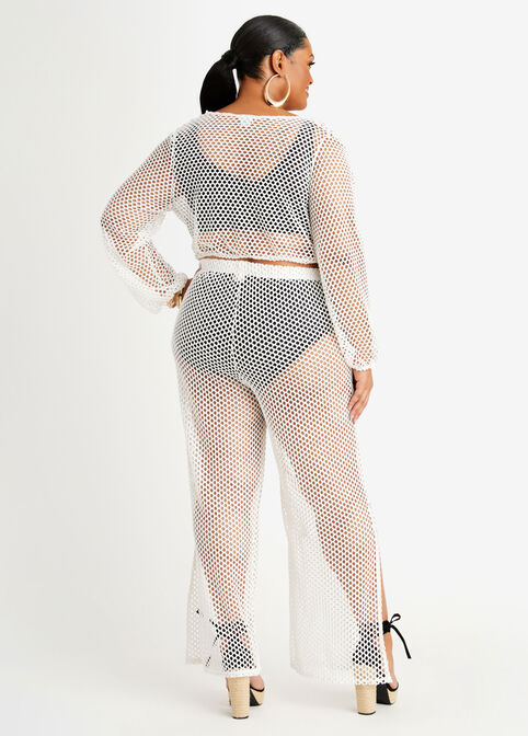 Open Knit Crop Top & Pants Set, White image number 1