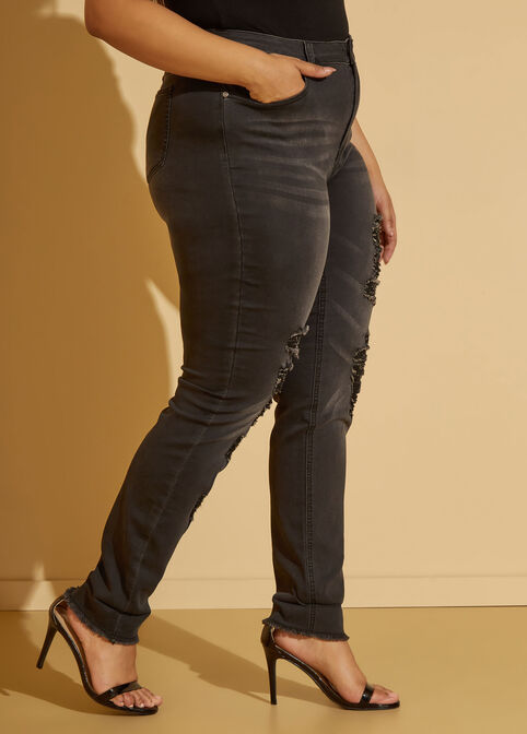 Cuffed Distressed Skinny Jeans, Black image number 2