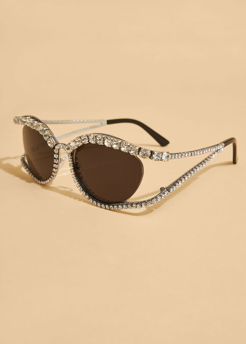 Cutout Crystal Cat Eye Sunglasses, Silver image number 4