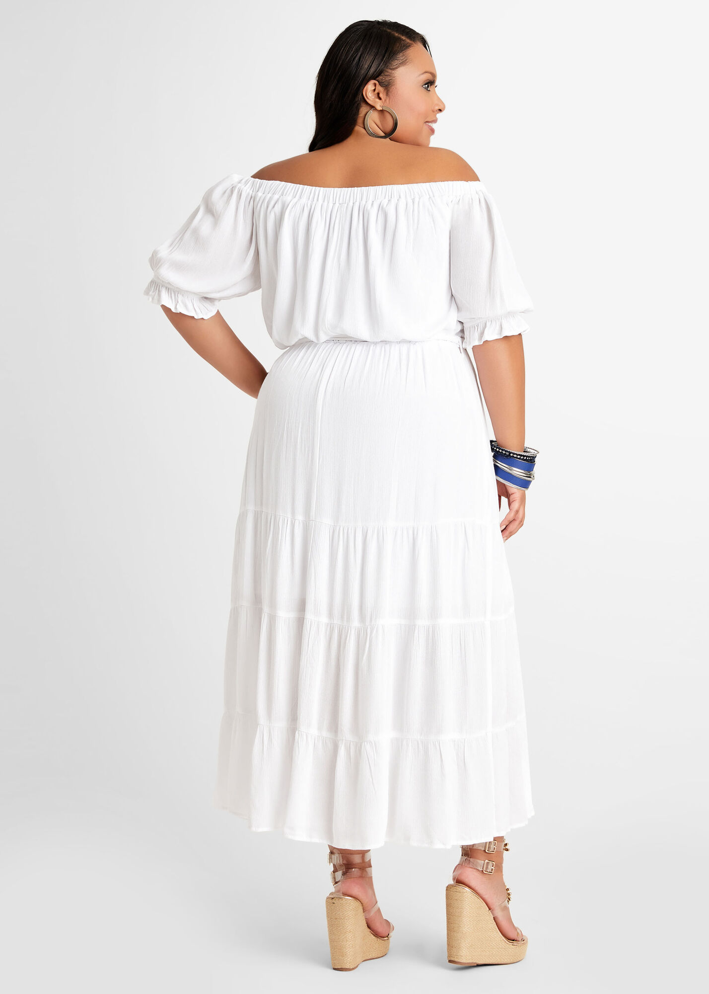 Plus Size Tall Off The Shoulder Tiered Belted Puff Sleeve Maxi Dress
