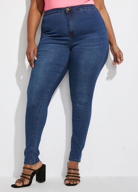 Trendy Plus Size Blue Wash High Rise Stretch Butt Lift Skinny Jeans image number 0