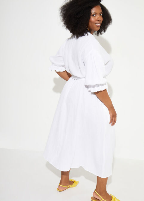 Belted Cotton Gauze Midi Dress, White image number 1