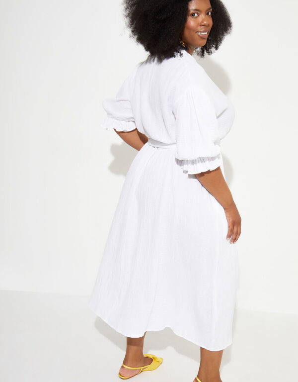 Belted Cotton Gauze Midi Dress, White image number 1