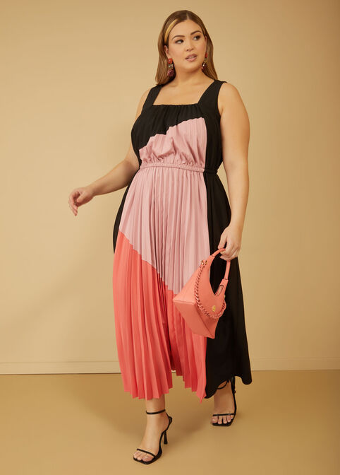 Colorblock Pleated Maxi Dress, Black Combo image number 3