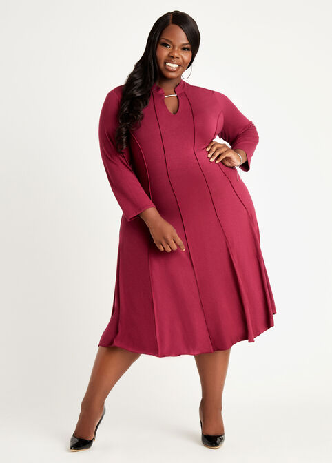 Plus Size Bar Neck Keyhole Seamed A Line Knit Midi All Occasion Dress image number 0