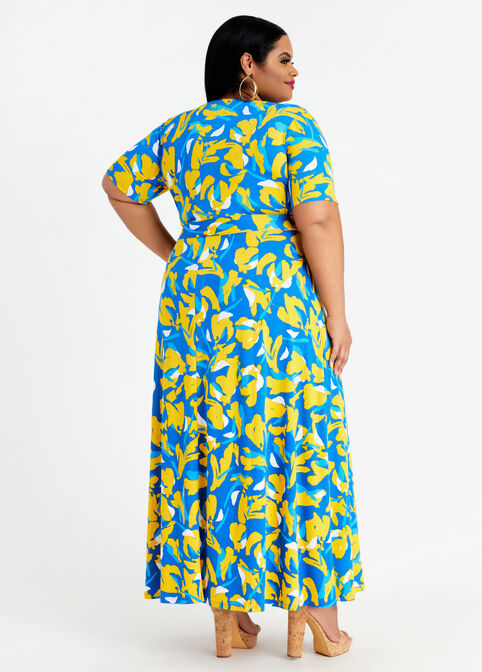 Belted Abstract Wrap Maxi Dress, Victoria Blue image number 1