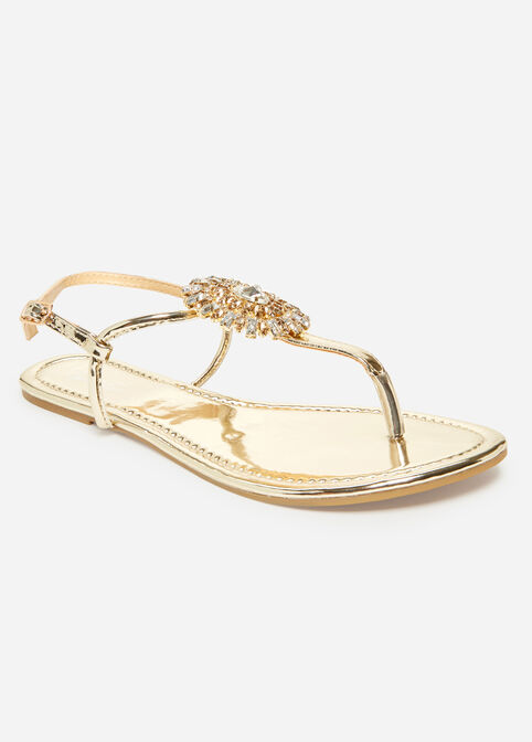 Trendy Medium Width Faux Patent Leather Jeweled Thong Sandals image number 0