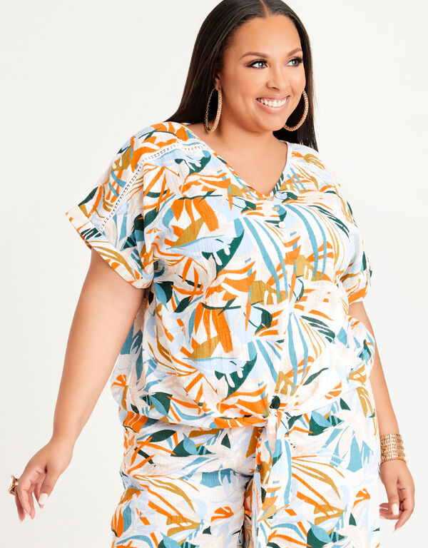 Tropical Tie Front Cap Sleeve Top, White image number 0