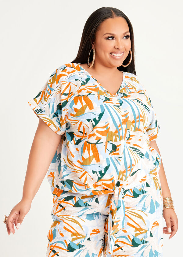 Tropical Tie Front Cap Sleeve Top, White image number 0
