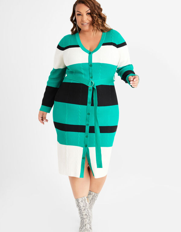 Striped Cable Knit Sweater Dress, Pepper Green image number 0