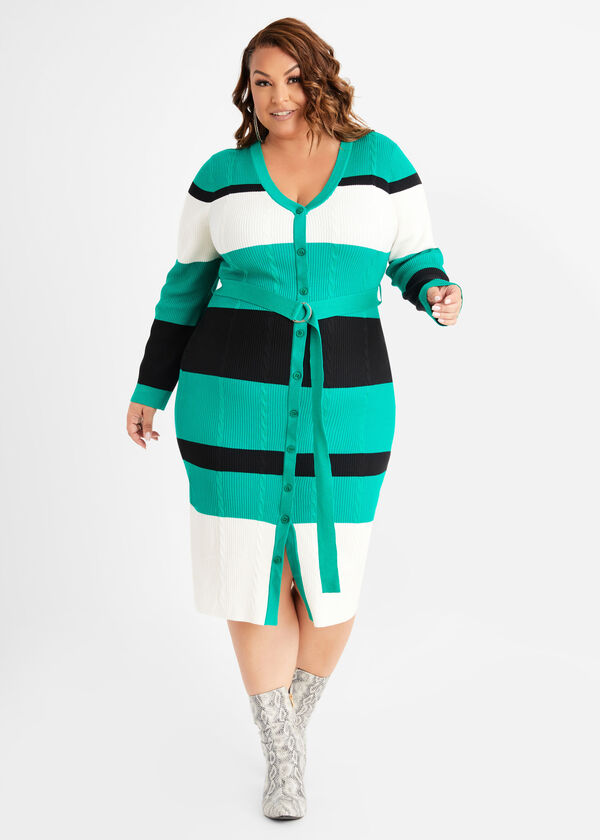 Striped Cable Knit Sweater Dress, Pepper Green image number 0