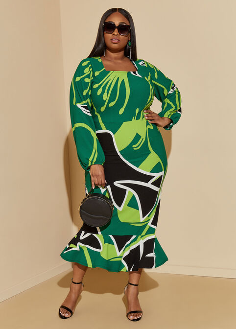 Leaf Print Flounced Maxi Dress, Multi image number 3