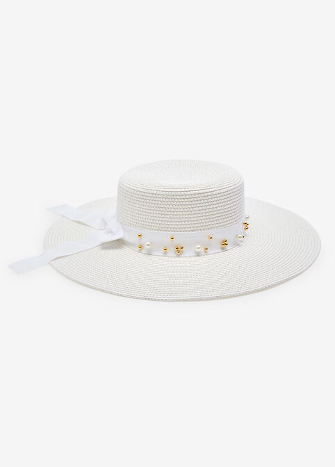 Embellished Wide Brim Straw Hat, White image number 2