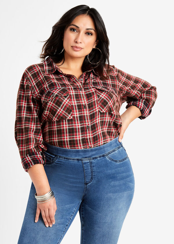 Red Plaid Cotton Button Up Top, Red image number 3