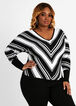 Stripe Deep V Neck Sweater, Black White image number 0